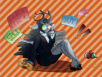 advertisement animal_ear_piercing anthro antlers bottomwear business_suit clothing deer_ears electronics female fusion hooves horn pattern_background pencil_skirt phone simple_background skirt solo suit text wire unknown_artist deltarune undertale_(series) fan_character noelle_holiday spamelle spamton_g._spamton deer mammal new_world_deer reindeer 4:3 chromatic_aberration hi_res