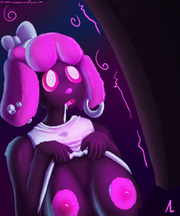 5_fingers accessory anthro big_breasts black_body bodily_fluids bow_ribbon breasts clothed clothing clothing_lift drooling female fingers hair hair_accessory hair_bow hair_ribbon hypnotic_screen mind_control nipples open_mouth pink_eyes pink_hair pink_nose ribbons saliva saliva_string shirt shirt_lift simple_background solo spiral spiral_eyes topwear al-doubleunderscore canid canine canis domestic_dog mammal digital_media_(artwork) hi_res