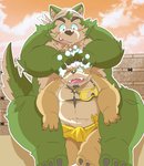 anthro bathing blush claws clothed clothing duo erection erection_under_clothing eyewear fur goggles green_body green_fur kerchief male male/male pawps slightly_chubby towel yellow_body yellow_fur hottophoto lifewonders live_a_hero mokdai procy canid canine canis domestic_dog mammal hi_res