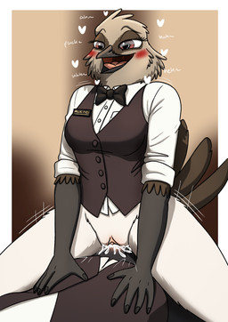 anthro blush blush_lines bodily_fluids bottomless bottomless_female bow_tie clothed clothing collared_shirt cum cum_in_vagina cum_inside dress_shirt duo female female_on_top genital_fluids genitals male male/female name_tag on_top penetration penile penile_penetration penis_in_vagina rolled_up_sleeves sex shirt solo_focus topwear uniform vaginal vaginal_penetration vest vulva waiter waiter_suit waitress_uniform fish_birb millie_(fish_birb) avian bird oscine passerine starling_(bird) absurd_res hi_res