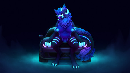 anthro black_body blue_body blue_fur breasts claws facial_piercing female forked_tongue fur genitals glowing glowing_eyes glowing_genitalia glowing_horn glowing_markings glowing_mouth glowing_nipples glowing_vulva horn long_tongue looking_at_viewer markings nipples nose_piercing nose_ring nude outside piercing ring_piercing sitting sitting_on_car slightly_chubby smile smirk solo tail tongue tongue_out vulva zegzagun spark_(kkannonball) wickerbeast 16:9 absurd_res hi_res widescreen