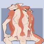 2_heads 3_legs anthro balls blue_background blush bodily_fluids clitoral_hood dripping embarrassed flustered fur genital_fluids genitals hair hand_on_face intersex long_hair maleherm multi_head penis precum precum_drip prehensile_clitoral_hood pussy red_body red_fur shared_body simple_background sitting solo tan_body tan_fur hamham_gd futago_and_antifutago sergal hi_res