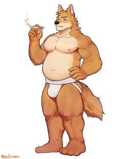 anthro cigarette clothed clothing jockstrap jockstrap_only male navel nipples simple_background solo topless underwear underwear_only white_background nikittyiringiro echo_(game) echo_(series) echo_project jeremy_begay canid canine fennec_fox fox mammal true_fox absurd_res hi_res