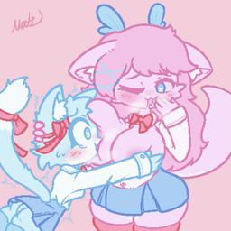 2_horns accessory anthro areola big_breasts biped blue_body blue_eyes blue_tail blush blush_lines bodily_fluids bottomwear bow_(feature) bow_accessory bow_tie breast_squish breasts butt clothed clothing dipstick_tail duo eyebrows eyelashes facial_tuft female female/female fingers front_view fully_clothed fur furgonomics hair hair_accessory hand_on_breast heart_eyes heart_symbol horn inner_ear_fluff legwear looking_at_another markings monotone_body motion_lines musk one_eye_closed open_mouth partially_clothed pink_body pink_ears pink_hair pink_tail raised_inner_eyebrows saliva simple_background skirt squish sweat tail tail_accessory tail_markings topwear tuft underwear matz_(pixiv) domestic_cat felid feline felis mammal 1:1 2023 aliasing digital_drawing_(artwork) digital_media_(artwork) hi_res signature