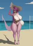 anthro ball beach big_breasts big_butt bikini bikini_bottom bikini_thong bikini_top bracelet breasts butt clothed clothing cloud colored_nails curvy_figure eyelashes eyewear feet female fingers footwear glasses gold_bikini hair high_heeled_sandals high_heels jewelry lips lipstick long_hair looking_at_viewer makeup nails necklace net partially_clothed pink_body pink_eyes pink_hair pink_lips pubes sand sandals sea seaside shadow shark_tail shoes sky solo sunny swimwear tail thick_thighs tight_clothing toes two-piece_swimsuit volleyball_(ball) volleyball_net voluptuous water wide_hips katrosh tary fish marine shark absurd_res hi_res shaded