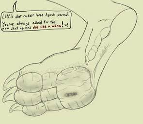 ambiguous_gender anthro crush dominant dominant_male duo feet gore male micro paws ruby_glow soles stomping text slegar mythology bun_morozov dragon lagomorph leporid mammal mythological_creature mythological_scalie rabbit reptile scalie english_text sketch
