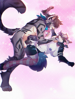 accessory anthro balls bodily_fluids breasts clothing cum duo ejaculation female flower flower_in_hair genital_fluids genitals hair hair_accessory humanoid_genitalia humanoid_penis kerchief legwear male male/female neck_grab penis plant smile tail thigh_highs tongue tongue_out vulva gakawolfe vikohusky canid canine canis domestic_dog felid feline husky mammal nordic_sled_dog pantherine snow_leopard spitz