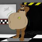 1:1 alejo_garci animatronic anthro anthro_pred bear belly belly_fur belly_hair big_belly black_ribbon body_hair canid canine canis five_nights_at_freddy's freddy_(fnaf) fur hand_behind_back hand_behind_head happy hi_res inside machine male male_pred mammal navel ribbons robose_(greenwolf2002) robot satisfied satisfied_look scottgames smile smiley_face solo standing vore vore_tattoo willing_pred willing_prey wolf