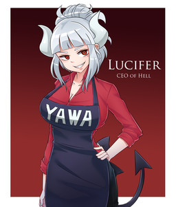 apron clothing female hair hair_bun hand_on_hip horn not_furry red_clothing red_eyes red_shirt red_topwear shirt smile smirk solo spade_tail tail text text_on_apron text_on_clothing topwear white_hair keicyanyan helltaker lucifer_(helltaker) humanoid hi_res