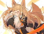 big_breasts blonde_hair blush breasts eyes_closed female hair holding_object open_mouth simple_background smile solo mikojin arknights hypergryph studio_montagne ceobe_(arknights) animal_humanoid canid canid_humanoid humanoid mammal mammal_humanoid 2020