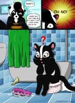 angry anthro bath bathroom bodily_fluids brown_eyes cross-popping_vein cum dildo duo female fur genital_fluids hair pink_nose potty pussy_juice_on_dildo question_mark sex_toy solo text vaginal_fluids young young_anthro juanonyx onyx_(jmh) valencia_(jmh) mammal mephitid skunk comic english_text hi_res