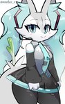 anthro blue_eyes blue_hair blue_nose bottomwear breasts clothing eyebrows eyelashes female food fur grey_body grey_fur hair inner_ear_fluff leek long_hair looking_at_viewer necktie onion plant skirt smile solo tuft vegetable white_body white_fur meekax_x nintendo pokemon vocaloid hatsune_miku braixen generation_6_pokemon pokemon_(species) 2024 5:8 absurd_res hi_res