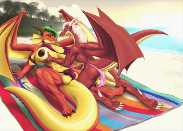anthro anthro_on_anthro balls beach big_breasts bikini breasts butt clothing detailed_background duo genitals green_hair gynomorph gynomorph/gynomorph hair horn intersex intersex/intersex membrane_(anatomy) membranous_wings nipples on_towel outside palm_tree penis plant red_body red_scales sand scales smile sunscreen swimwear tail towel tree two-piece_swimsuit wings halcy0n mythology quilrynn tehrig dragon mythological_creature mythological_scalie scalie 2025 digital_media_(artwork) hi_res