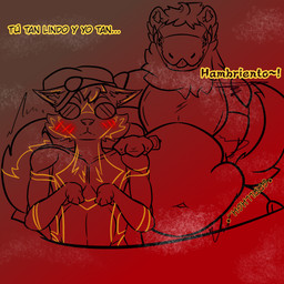 anthro blush duo femboy fur fur_markings hand_on_shoulder machine male male/male markings moobs nervous overweight overweight_male rumbling_stomach scared slim steam steaming_body tail tongue tongue_out vore_implied mommydkg kranlax_(kranlax_karasu) tony_zorro_mandarina canid canine canis fox mammal protogen 1:1 hi_res