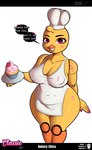 anthro beak belly blonde_hair breasts clothing cupcake dialogue ellipsis female food hair hat headgear headwear machine pink_eyes profanity simple_background slightly_chubby solo speech_bubble text yellow_body kevwrite five_nights_at_freddy's freddy_fuckbear's_cathouse_(kevwrite) scottgames chica_(fnaf) animatronic avian bird chicken galliform gallus_(genus) phasianid robot 2025 absurd_res digital_media_(artwork) english_text hi_res