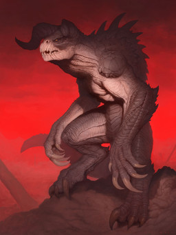 angry anthro claws digitigrade horn male nude open_mouth outside red_eyes rock sharp_teeth solo spikes spikes_(anatomy) standing tail teeth john_tedrick fallout microsoft deathclaw scalie 2021 3:4 absurd_res hi_res