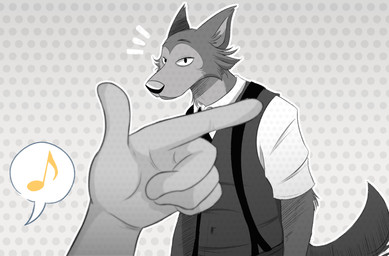 5_fingers ambiguous_gender anthro clothed clothing disembodied_hand dotted_background duo fingers first_person_view fur humanoid_hands looking_at_viewer male musical_note musical_symbol pattern_background simple_background speech_bubble symbol thediyemi beastars legoshi_(beastars) canid canine canis mammal wolf meme