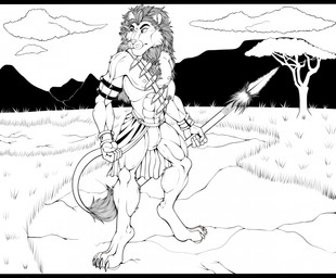 abs anthro armband black_bars bottomwear bracelet claws clothing cloud fist fur grass holding_melee_weapon holding_object holding_polearm holding_spear holding_weapon jewelry knife looking_away male mane melee_weapon mouth_closed nipples pecs plant polearm solo spear standing tail tail_tuft toe_claws tree tribal tribal_clothing tuft weapon marcushunter felid lion mammal pantherine hi_res letterbox