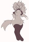 anthro blush blush_lines clothing female hair hair_over_eyes hand_on_hip legwear low_cut_shirt messy_fur messy_hair paws ponytail pose simple_background smile solo stockings string_bow thick_thighs joycawn jam_(joycawn) canid canine canis domestic_dog mammal