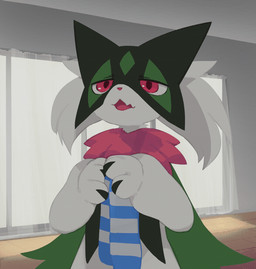 ambiguous_gender animated_gif anthro biped blinking cosmic_background detailed_background flesh_fang flower front_view fur green_body green_fur holding_scarf math multicolored_body open_mouth paws pink_body pink_nose plant red_eyes solo olyester nintendo pokemon generation_9_pokemon meowscarada pokemon_(species) animated short_playtime