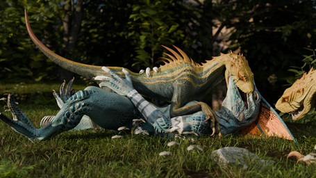 anthro claws duo feral grass kissing lying male male/male nude on_back open_mouth outside plant tallion capcom monster_hunter warhammer_(franchise) warhammer_fantasy fanged_wyvern jagras scalie skink_(warhammer_fantasy) 16:9 3d_(artwork) digital_media_(artwork) hi_res widescreen
