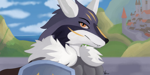 anthro armor breastplate bridge cape castle clothing cloud female fur grass grey_body grey_fur markings mountain orange_eyes orange_markings plant sea shield sky solo water voirath canid canine canis mammal wolf 2021 2:1 absurd_res hi_res