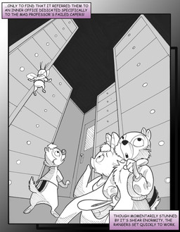 anthro bomber_jacket breasts chest_tuft facial_tuft female filing_cabinet group male markings perspective_shot scut_tail short_tail striped_markings striped_tail stripes tail tail_markings text tuft wings chris_fischer chip_'n_dale_rescue_rangers disney chip_(disney) dale_(disney) foxglove_(cdrr) zipper_(cdrr) arthropod bat chipmunk fly_(animal) ground_squirrel insect mammal rodent sciurid comic english_text hi_res