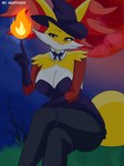 anthro big_breasts breasts clothed clothing female inner_ear_fluff looking_at_viewer sky smile solo tuft artmaphoxy nintendo pokemon canid canine delphox generation_6_pokemon mammal pokemon_(species) absurd_res digital_media_(artwork) hi_res