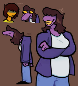 anthro blue_bottomwear blue_clothing blue_pants bottomwear brown_hair clothing duo ellipsis female fingers hair male pants purple_body purple_clothing purple_skin teeth topwear white_clothing white_topwear yellow_sclera ncs deltarune undertale_(series) kris_(deltarune) susie_(deltarune) dinosaur human mammal prehistoric_species reptile scalie 2025 hi_res