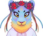 anthro anthrofied biped blue_eyes blush cheek_markings clothed clothing cute_fangs embroidered_clothing facial_markings female flower flower_crown forehead_markings front_view fully_clothed gradient_fur head_markings looking_at_viewer markings multicolored_body neck_tuft open_mouth orange_eyes outline pink_sclera plant ribbons solo tryzub tuft ukraine lomtik_(artist) vtuber fan_character lomtik domestic_cat felid feline felis fenec mammal bust_portrait colorful_theme digital_media_(artwork) portrait