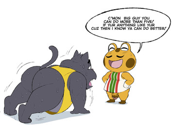 bodily_fluids bottomless butt clothed clothing dialogue duo exercise facial_hair flaccid genitals humanoid_genitalia humanoid_penis male mustache obese overweight overweight_male penis shirt simple_background speech_bubble sweat tank_top text toony topwear white_background conditional_dnp erobos animal_crossing nintendo cousteau_(animal_crossing) pooka_(ero) amphibian domestic_cat felid feline felis frog mammal english_text
