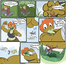 anthro blonde_hair bottomwear brown_body brown_skin clothing countershade_torso countershading dialogue duo female footwear freckled_face freckled_shoulders freckles gaping_mouth grass green_mouth green_tongue hair hoodie imminent_vore macro male micro missing_tooth muscular muscular_female open_mouth orange_hair pants plant shadow shirt shoes shorts size_difference smaller_human sound_effects speech_bubble tank_top teeth text throat tongue tongue_out topwear uvula vore wraps wrist_wraps gtb23 daryl_(gtb23) amphibian frog human mammal 2016 comic english_text
