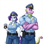 anthro big_breasts breasts clothing crossed_arms duo female gun hand_on_hip handgun holster holstered_pistol horn looking_at_viewer male pistol police police_hat police_uniform ranged_weapon simple_background tail uniform weapon pia-sama friendship_is_magic hasbro my_little_pony mythology rarity_(mlp) spike_(mlp) dragon equid equine mammal mythological_creature mythological_equine mythological_scalie scalie unicorn