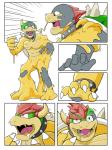 2015 3:4 anthro bowser claws collar comic digital_media_(artwork) front_view goo-connected_lips goo_transformation grey_body grey_skin hair horn koopa liquid liquid_latex lizardman_(artist) male mammal mario_bros nintendo nude open_mouth red_hair scalie sequence simple_background solo spikes spiral_eyes standing studded_collar studs surprise transformation unknown_species white_background