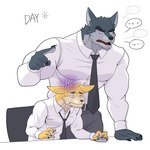 1:1 anthro black_body boss business_suit canid canine canis clothing duo frown furtissier hi_res left-handed male male/male mammal mouth_closed muscular muscular_male necktie office serious serious_face sitting standing suit wolf yellow_body