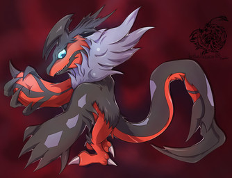 ambiguous_gender black_body black_fur blue_eyes dark feral fur hair horn looking_at_viewer looking_back simple_background solo wings luxuria nintendo pokemon avian generation_6_pokemon legendary_pokemon pokemon_(species) yveltal 2014 hi_res