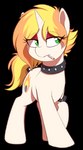 blonde_hair cigarette cigarette_in_mouth collar cutie_mark female feral hair horn object_in_mouth smoking solo spikes thebatfang hasbro my_little_pony mythology fan_character equid equine mammal mythological_creature mythological_equine unicorn 2023 alpha_channel hi_res