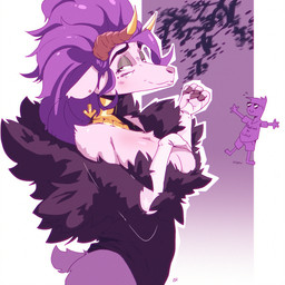 4_eyes anthro bedroom_eyes big_breasts biped blush breasts cleavage clothed clothing duo eyewear female fur hair horn looking_at_viewer male mature_anthro mature_female multi_eye narrowed_eyes pink_body pink_fur purple_hair seductive shirt smile smiling_at_viewer solo_focus sunglasses text text_on_clothing text_on_shirt text_on_t-shirt text_on_topwear topwear deltav cthulhu_mythos h._p._lovecraft lovecraftian_(genre) sucker_for_love sucker_for_love:date_to_die_for rhok'zan_(sucker_for_love) shub-niggurath_(h.p._lovecraft) bovid caprine caprine_demon deity demon eldritch_abomination eldritch_being goat goat_demon human mammal outer_god_(h.p._lovecraft) 1:1 2023 digital_media_(artwork) english_text hi_res
