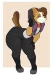 anthro ass_up bent_over big_butt boots bottomwear butt clothed clothing cosplay costume footwear fur gloves hair handwear kerchief legwear male neckwear pants raised_tail shirt shoes simple_background smile solo tail teeth thick_thighs thighs_together topwear vest wide_hips usnarbit nintendo star_fox scott_(corgipudding) canid canine canis domestic_dog herding_dog mammal pastoral_dog welsh_corgi absurd_res digital_media_(artwork) hi_res