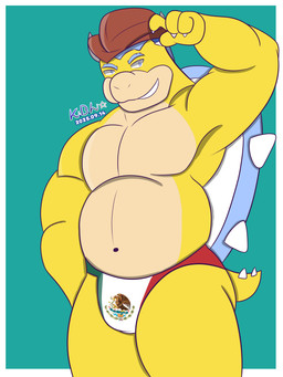anthro barazoku clothing flag_underwear hat headgear headwear looking_at_viewer male mexico musclegut muscular overweight overweight_anthro overweight_male smile smirk solo yellow_body conditional_dnp kazuhisa_(artist) mario_bros nintendo fan_character koopa reptile scalie turtle 2025 3:4 absurd_res hi_res