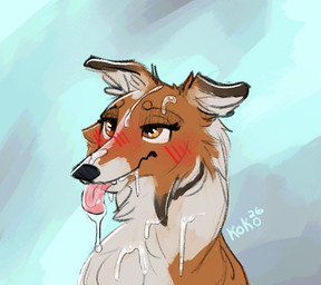 bedroom_eyes black_ears black_nose blue_background blue_text blush blush_lines bodily_fluids brown_eyebrows brown_eyes cheek_tuft circle_eyebrows closed_smile cum cum_drip cum_dripping_from_mouth cum_on_face cum_on_fur cum_on_head cum_on_neck cum_on_snout cum_on_tongue dripping eyebrows eyelashes facial_tuft female female_feral feral fur genital_fluids happy long_eyelashes mouth_closed multicolored_body multicolored_fur narrowed_eyes neck_tuft pink_tongue red_blush seductive simple_background smile snout solo teeth text tongue tongue_out tuft white_inner_ear queenkoko canid canine canis collie domestic_dog herding_dog mammal pastoral_dog sheepdog 2026 colored dated digital_drawing_(artwork) digital_media_(artwork) signature