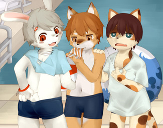 4_fingers accessory adjusting_clothing anthro bite black_nose blue_bottomwear blue_clothing blue_eyes blue_shirt blue_shorts blue_topwear blush blush_lines bodily_fluids bottomwear brown_ears brown_face calico_pattern cheek_tuft circle_eyebrows clothed clothing countershading cute_fangs dipstick_ears ear_markings eyebrows facial_tuft fangs fingers fur glistening glistening_eyes group hair hair_accessory hairpin hand_on_shoulder handband holding_object inner_ear_fluff kemono male mottled multicolored_ears navel open_mouth orange_body orange_ears orange_eyes orange_face orange_fur piebald pink_inner_ear pink_mouth pool_float red_eyes shirt short_tail shorts shota speedo standing sweat swimming_pool swimming_pool_ladder swimwear tail teeth topless topwear triangle_nose trio tuft two_tone_face white_body white_countershading white_ears white_eyebrows white_face white_fur white_hair white_inner_ear white_inner_ear_fluff young young_anthro kintubaovo calico_cat canid canine domestic_cat felid feline felis fox lagomorph leporid mammal rabbit 2018 absurd_res digital_media_(artwork) hi_res
