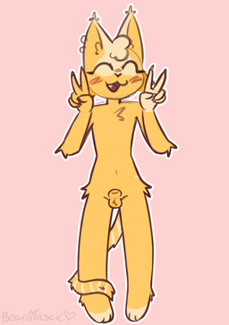 animal_genitalia anthro balls blush ear_piercing eyelashes femboy fluffy genitals gesture hand_gesture male nude piercing sheath smile solo standing v_sign bean0tastic twig_(bean0tastic) domestic_cat felid feline felis mammal absurd_res hi_res