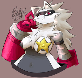 anthro areola cybernetic_arm cybernetic_limb female fur grey_body grey_fur grey_hair hair mask mechanical_arm navel nipples red_eyes snaggle_tooth solo star white_body white_fur chaokocartoons bandai_namco digimon digimon_beatbreak digimon_(species) wolvermon 2026 digital_media_(artwork) hi_res