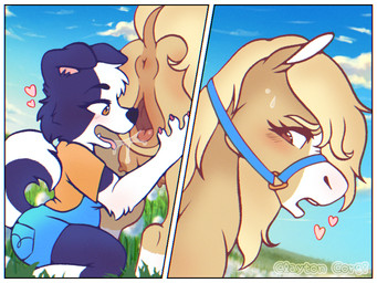 animal_genitalia animal_vulva anthro anthro_on_feral anus bestiality blonde_mane blue_harness blue_sky blush bodily_fluids body_blush border breasts brown_eyes butt cheek_tuft clitoral_winking clitoris clothed clothing cloud crotch_breasts cunnilingus day duo equine_anus equine_genitalia equine_teats equine_udders equine_vulva facial_tuft female female/female feral field floppy_ears fluffy fluffy_tail fur fur_markings genital_fluids genitals grass hair harness harness_only heart_symbol looking_at_another looking_at_partner looking_back looking_back_at_another looking_back_at_partner looking_pleasured mane markings nipples nude open_mouth oral oral_only outside overalls plant puffy_anus saliva sex shirt sky smile sweat t-shirt tail teats text tongue tongue_out topwear tuft two_panel_image udders vaginal vaginal_fluids vulva white_body white_border clayton_h butterscotch_mare paige_collie border_collie canid canine canis collie domestic_dog equid equine herding_dog horse mammal pastoral_dog sheepdog 2025 4:3 artist_name colored comic digital_drawing_(artwork) digital_media_(artwork) hi_res ibispaint_(artwork) shaded signature watermark widescreen