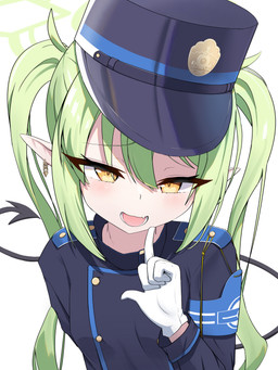 bent_arm blue_clothing blue_hat blue_headwear blue_shirt blue_topwear blush breasts clothing cute_fangs ear_piercing ear_ring fangs female fingers_on_own_face gloves green_hair hair hair_between_eyes halo handwear hat headgear headwear long_hair looking_at_viewer narrowed_eyes open_mouth piercing pigtails pointy_ears prick_ears ring_piercing shirt simple_background small_breasts spade_tail tail teeth topwear white_background white_clothing white_gloves white_handwear yellow_eyes young young_female young_humanoid old_cat blue_archive nexon nozomi_(blue_archive) demon demon_humanoid humanoid tailed_humanoid absurd_res half-length_portrait hi_res portrait