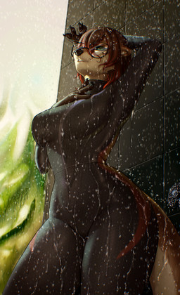 anthro bathing beach beach_blanket big_breasts breasts brown_body brown_fur brown_hair circle_eyebrows countershading curvy_figure diving_suit dripping_water dripping_wet eyebrows eyewear eyewear_only female fur glasses green_eyes hair hand_behind_head hand_on_own_neck highlights_(coloring) hourglass_figure inside light looking_at_viewer looking_down marine_biologist markings membrane_(anatomy) multicolored_body multicolored_hair nerd nude pose raised_arm red_highlights scientist short_hair shower showering solo standing striped_body striped_fur striped_markings striped_tail stripes sunlight tail tail_markings tan_body tan_fur thick_thighs two_tone_body water wearing_glasses webbed_hands wet wet_body wet_fur wet_hair wetsuit wide_hips pizhma thalassophilia_(zombiecowherd) riley_delmare aquatic mammal mustelid otter river_otter absurd_res hi_res