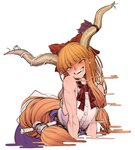 accessory blonde_hair blush bottomwear clothed clothing fangs female hair hair_accessory hair_ribbon horn humanoid_pointy_ears long_hair not_furry open_mouth pointy_ears ribbons skirt smile solo teeth yellow_eyes space_zin asian_mythology east_asian_mythology japanese_mythology mythology touhou suika_ibuki demon horned_humanoid humanoid oni yokai hi_res