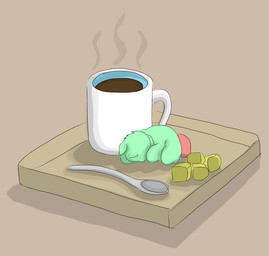 ambiguous_gender beverage coffee container cup cutlery eyes_closed feral fur green_body green_fur kitchen_utensils micro mug neonate red_tail simple_background sleeping solo spoon sugar sugar_cube tail tan_background tools tray young young_ambiguous young_feral carpdime fluffy_pony fluffy_pony_(species) mammal digital_media_(artwork) shaded
