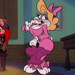anthro big_breasts blonde_hair breasts cleavage clothed clothing dress duo female green_eyes hair lipstick makeup male purse solo_focus corythec looney_tunes warner_brothers bugs_bunny yosemite_sam human lagomorph leporid mammal rabbit 1:1 absurd_res hi_res